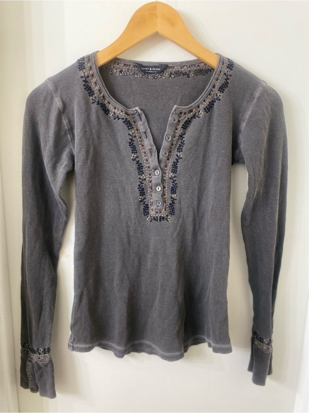 Lucky Brand Gray Embroidered Henley Pullover